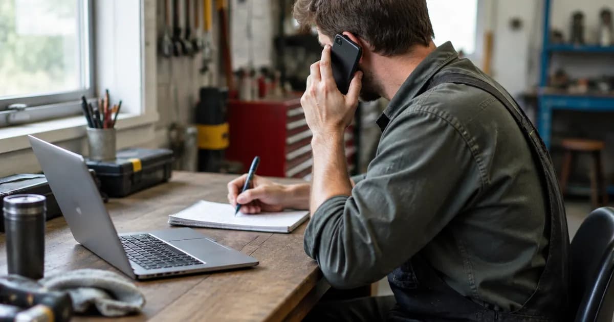 A tradesperson on the phone at a workshop desk, writing notes on a pad beside a laptop