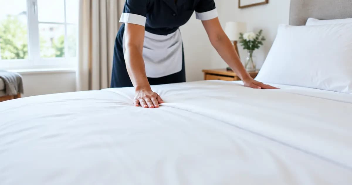 A cleaner making a bed with fresh white linen in a bright bedroom, hands smoothing the sheet