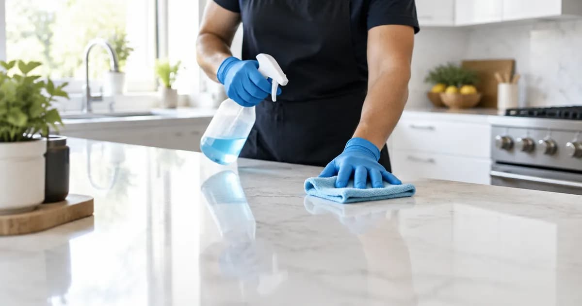 A cleaner wiping a kitchen benchtop in a bright modern kitchen