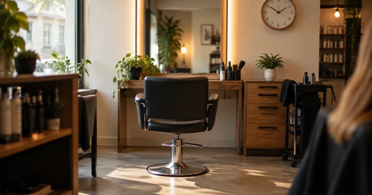 An empty styling chair in a salon at a booked appointment time, a clock on the wall, warm light