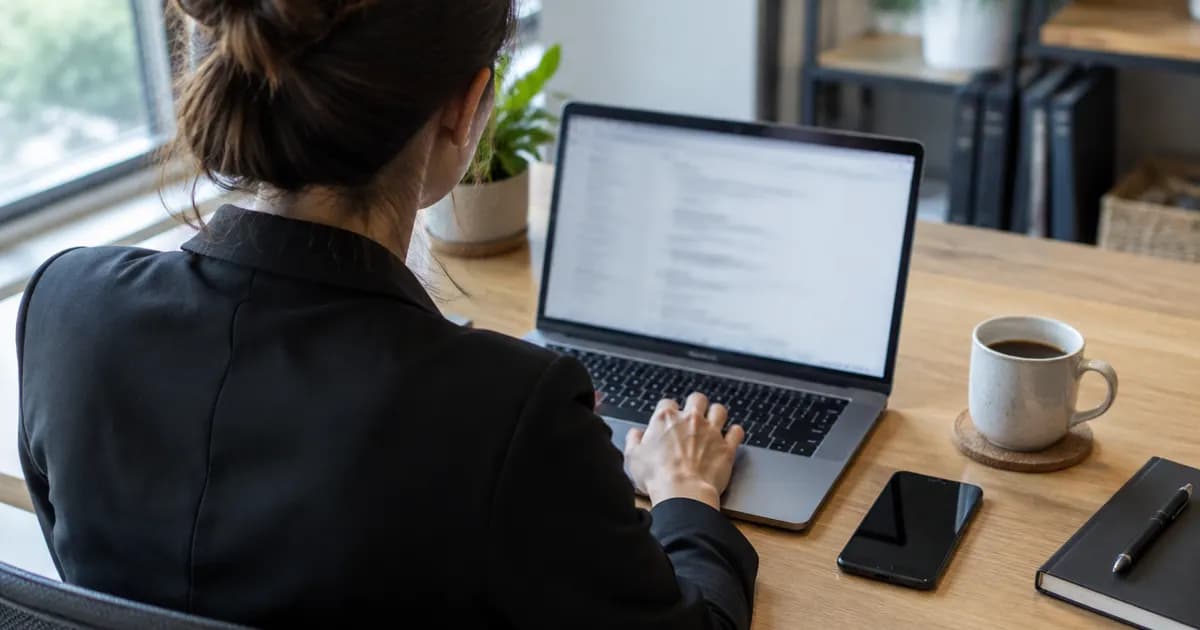 A business owner at a tidy office desk using a laptop with a phone and a coffee beside it