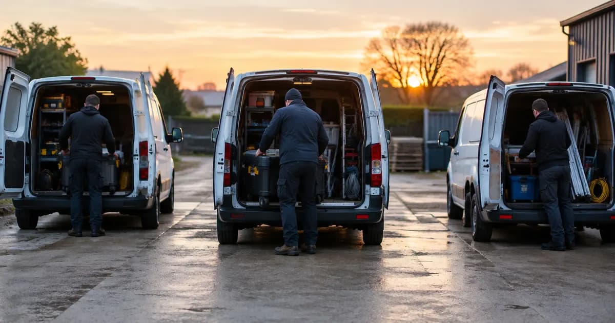 A small service business yard at dawn with three white vans being loaded by technicians