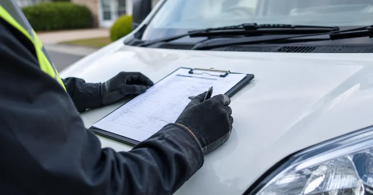 A clipboard with a printed work order resting on the bonnet of a service van, a technician's gloved hand holding a pen