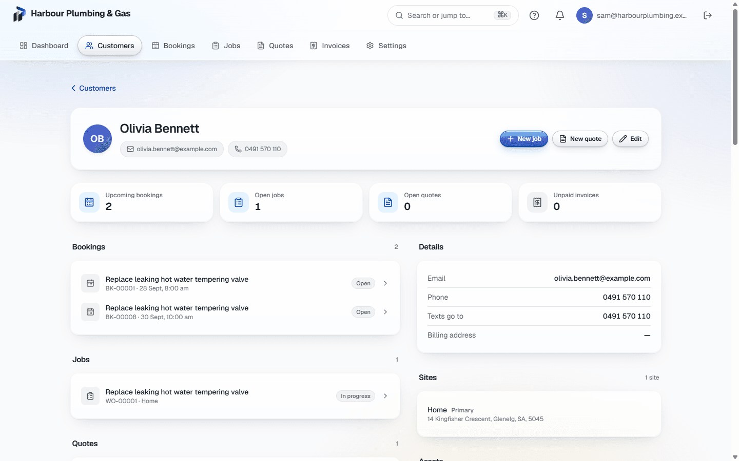 A customer record with upcoming bookings, open jobs, quotes, unpaid invoices, contact details and their site.