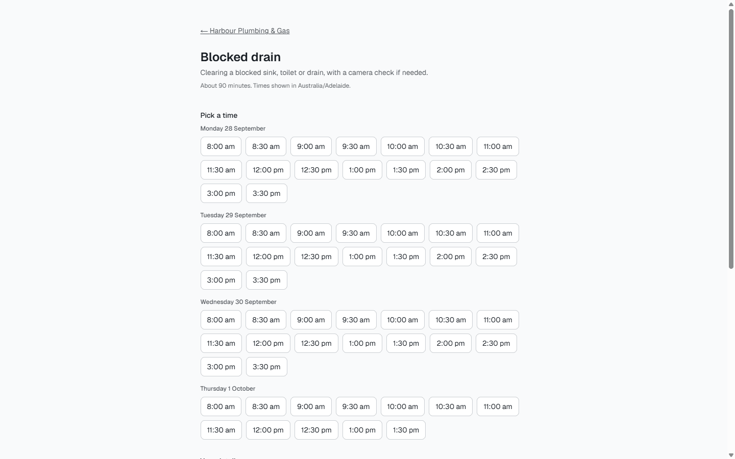 A public booking page for a blocked-drain service, showing the free times for each day.