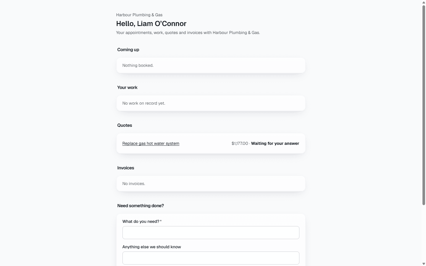 The customer portal: a customer’s bookings, work, a quote waiting for an answer, invoices, and a form to ask for more work.