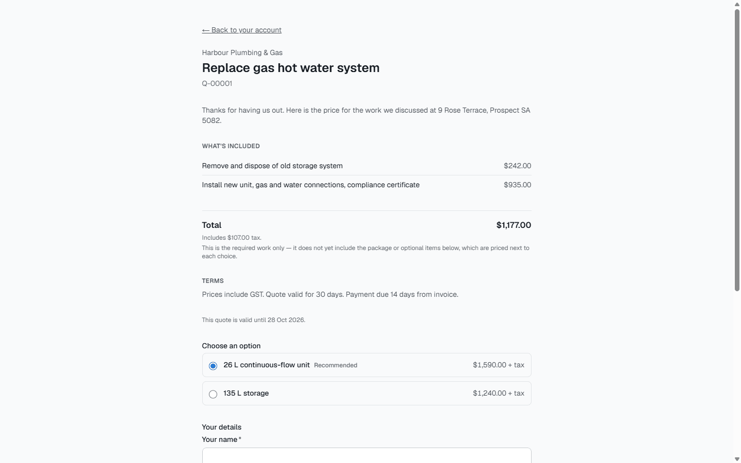 A quote as the customer sees it online: the included work, the total, the terms, and a choice between two hot water units.