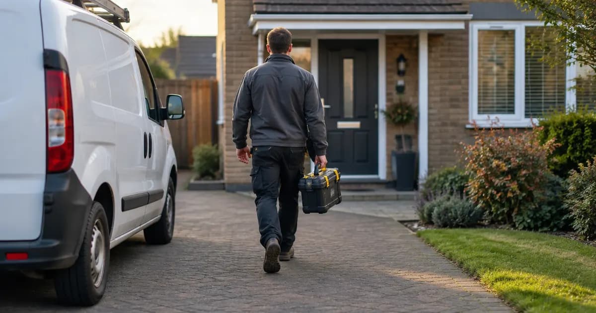 A white service van parked in the driveway of a suburban house in late afternoon, a tradesperson walking to the front door carrying a toolbox