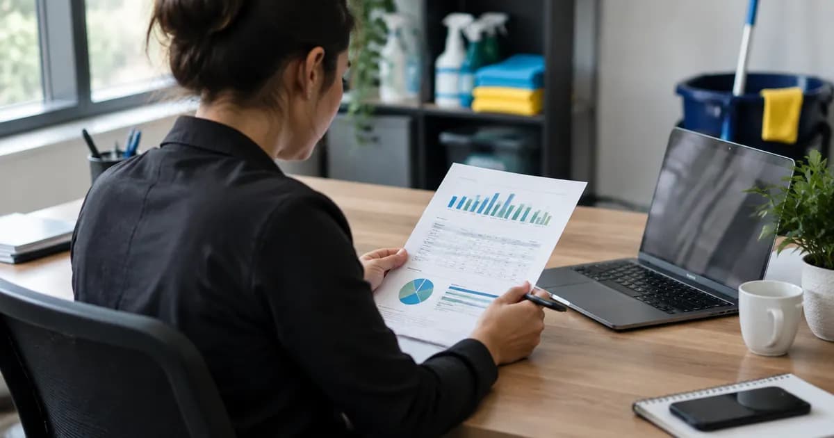 A cleaning business owner reviewing a printed weekly report at a small office desk, pen in hand, laptop beside
