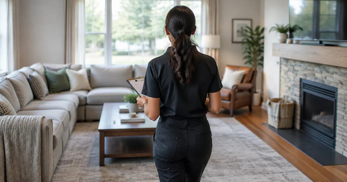 A cleaning business owner walking through a living room with a clipboard, assessing the room before quoting