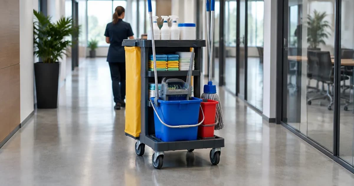 A commercial cleaner's trolley parked in a clean office corridor, with mops, buckets and neatly stacked supplies