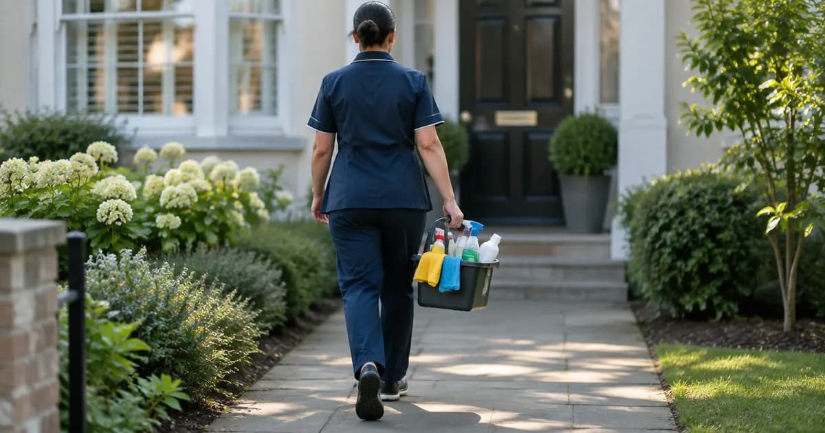 A cleaner carrying a caddy of cleaning supplies up the front path of a house in the morning