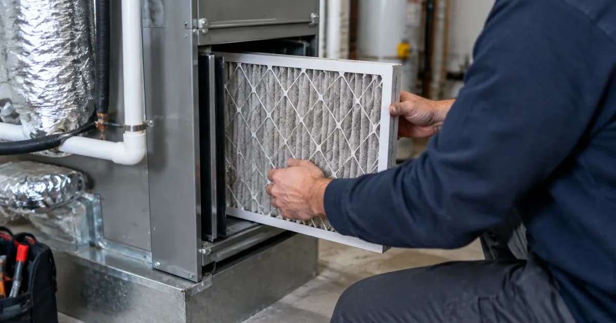 An HVAC technician replacing the filter in an indoor air handler in a utility room