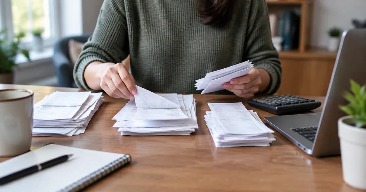A small business owner at a desk sorting paper invoices into piles beside a laptop and calculator