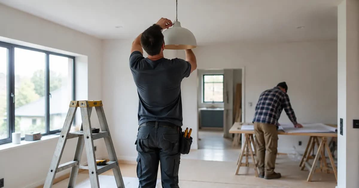 A renovation site with a technician fitting a light fitting in a finished room while a builder reviews plans on a trestle table in the background