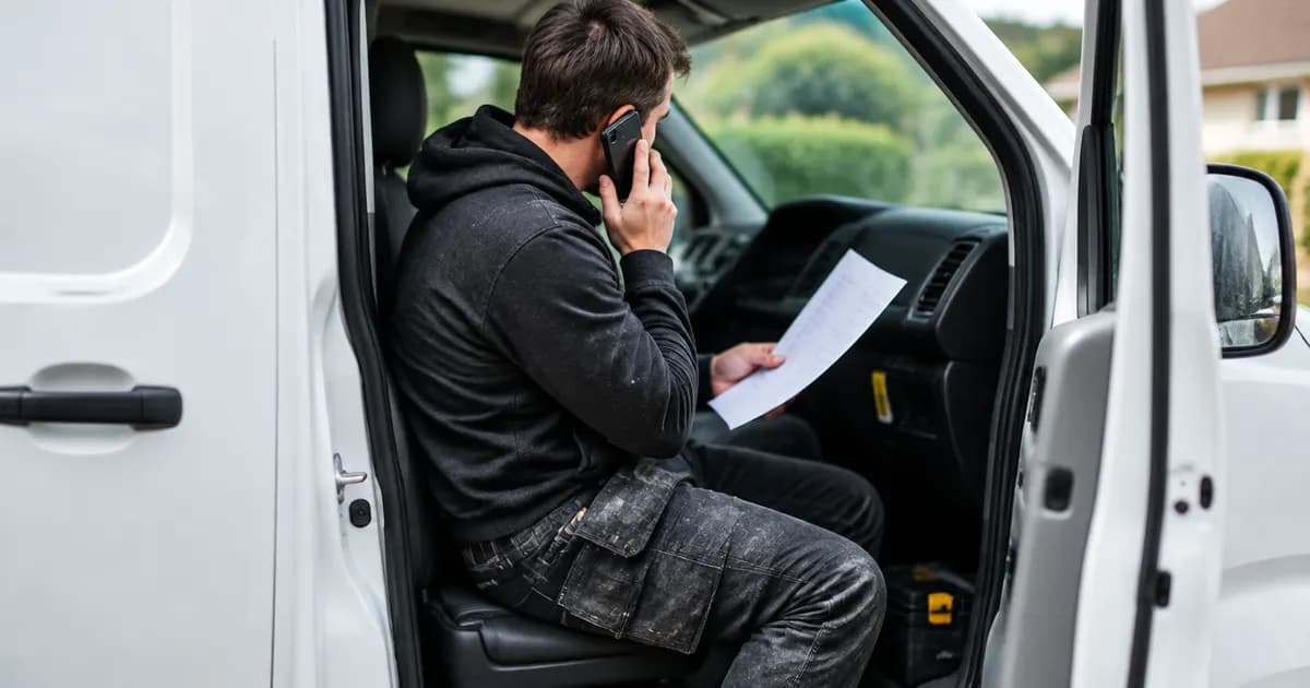 A tradesperson sitting in a van with the door open, making a follow-up phone call while holding a paper quote