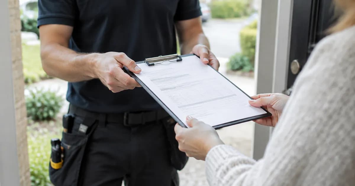 A tradesperson handing a printed quote on a clipboard to a homeowner at a front door