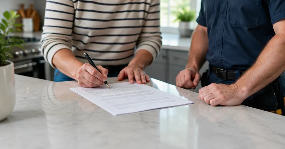 A homeowner signing a printed service agreement on a kitchen bench while a technician waits beside them