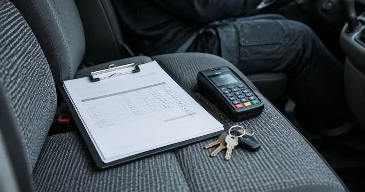A printed invoice on a clipboard next to a card reader and a set of keys on a van seat